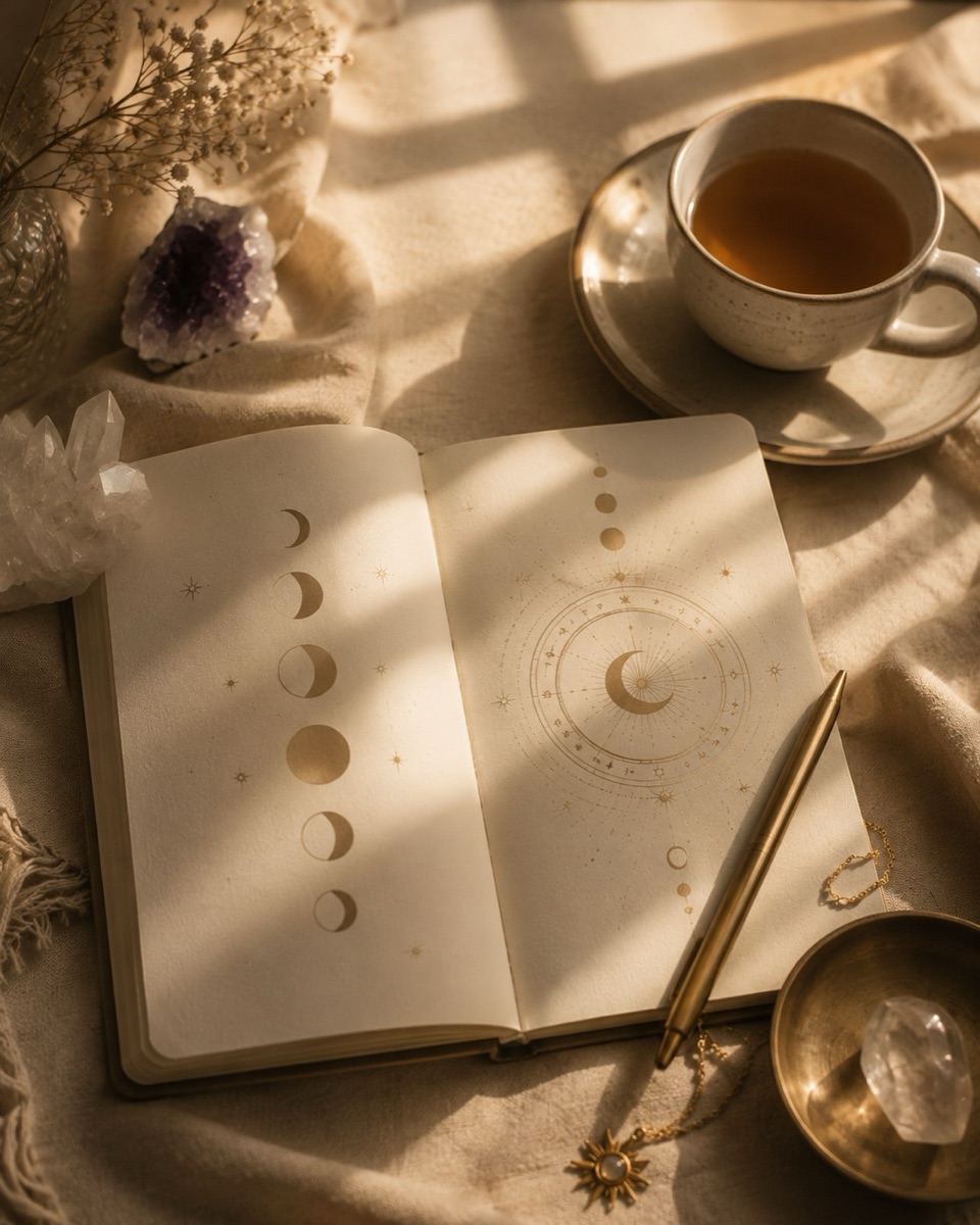 Journal mit Mondphasen und einer Tasse Tee