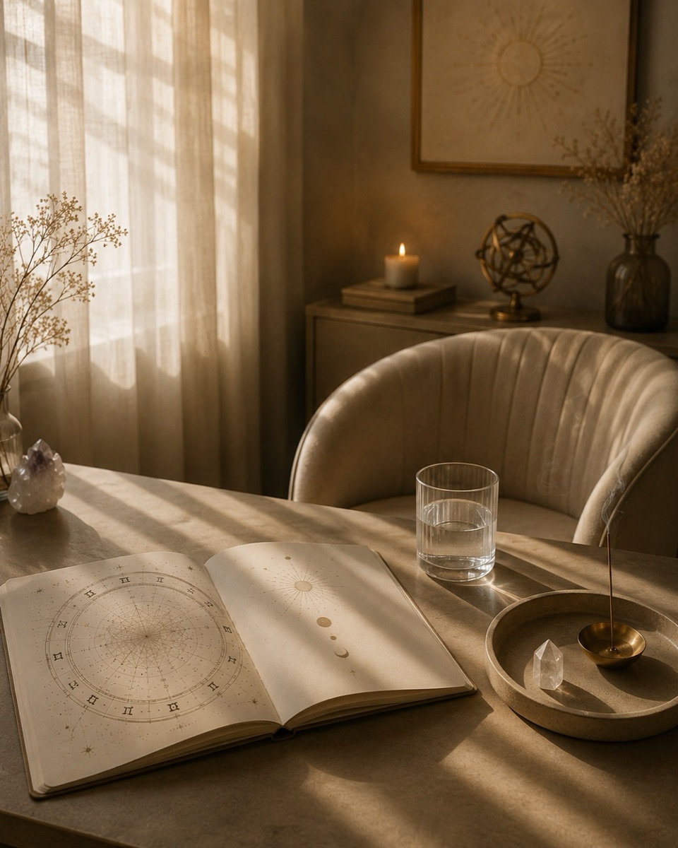 Aufgeschlagenes Astrologiebuch am Fenster im weichen Licht
