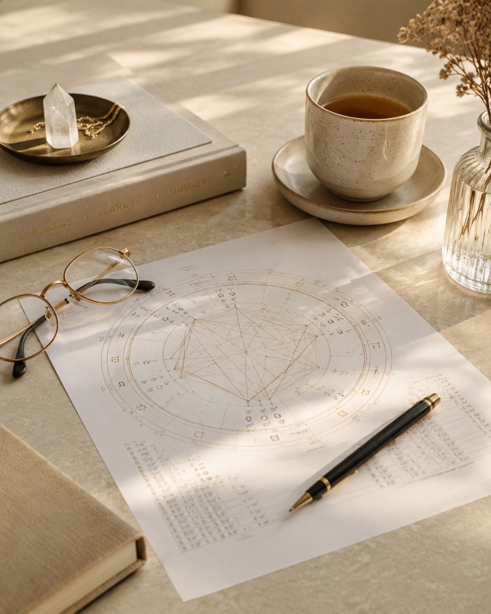 Geburtshoroskop mit Brille, Stift und Tee – ruhige astrologische Analyse